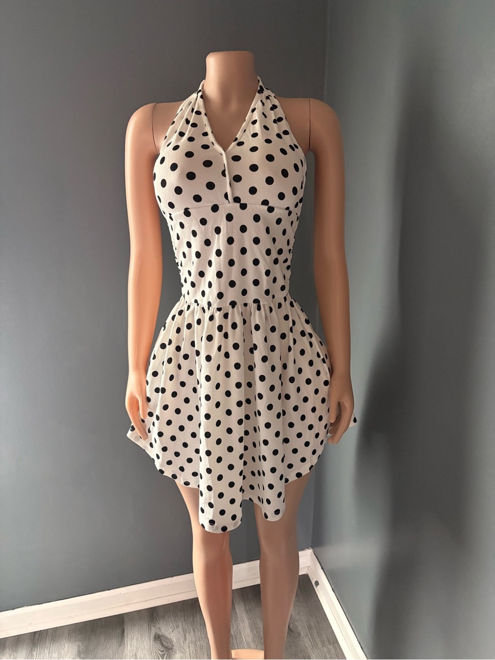 Polka Dot Halter Skater Dress in Cream and Black